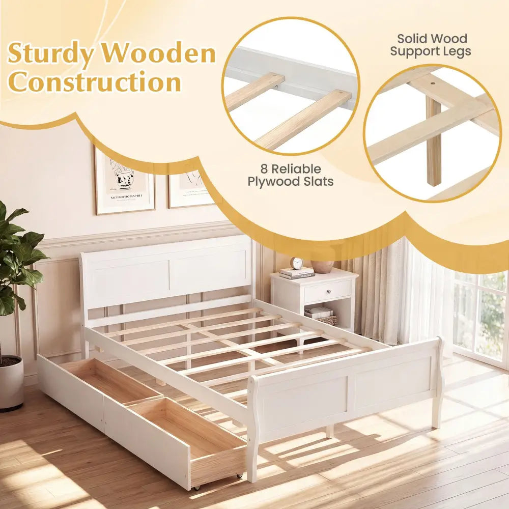 Full Size Bed Frame with 2 Storage Drawers and Footboard for Kids Teens Adults-White - White - Simple Bed Frame
