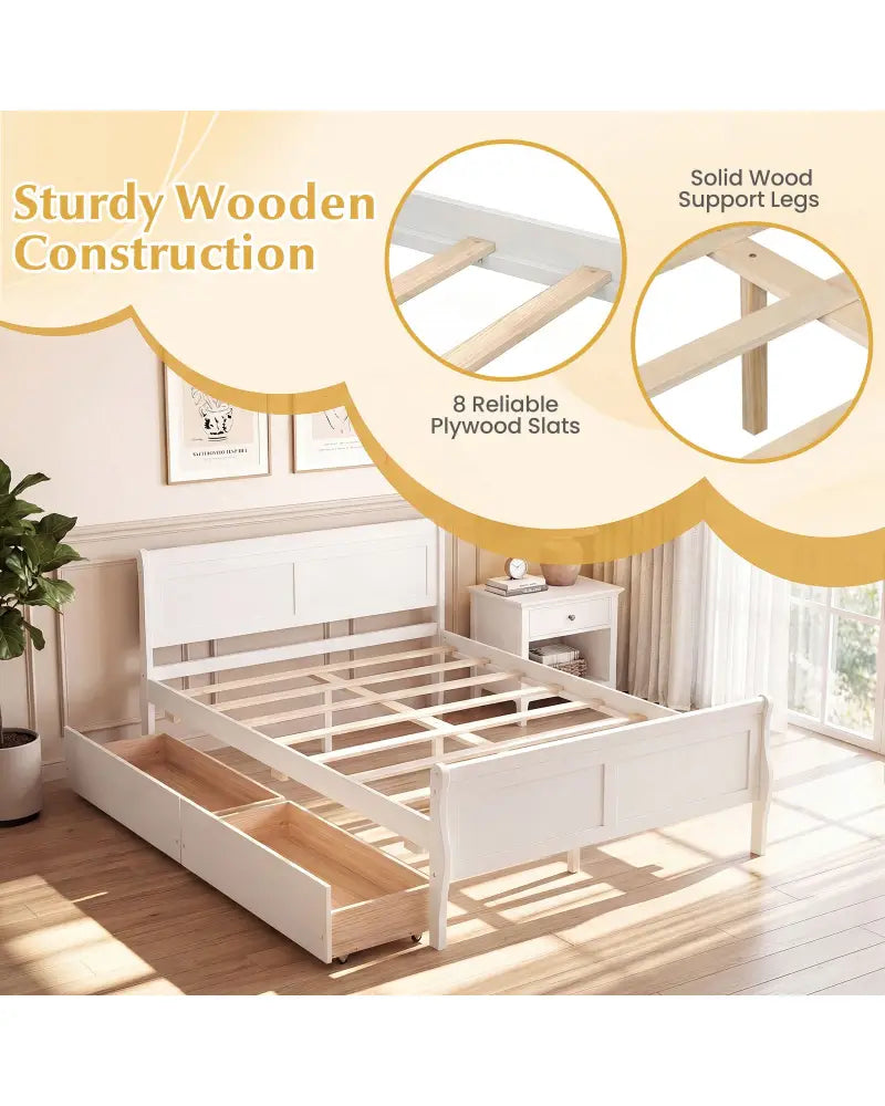 Full Size Bed Frame with 2 Storage Drawers and Footboard for Kids Teens Adults-White - White - Simple Bed Frame