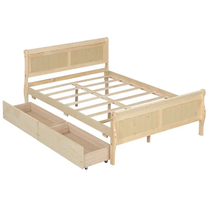 Full Size Bed Frame with 2 Storage Drawers and Footboard for Kids Teens Adults-Natural - Natural - Simple Bed Frame