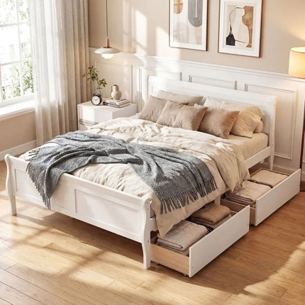Full Size Bed Frame with 2 Storage Drawers and Footboard for Kids Teens Adults-White - White - Simple Bed Frame