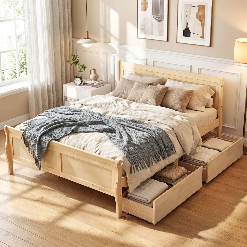Full Size Bed Frame with 2 Storage Drawers and Footboard for Kids Teens Adults-Natural - Natural - Simple Bed Frame