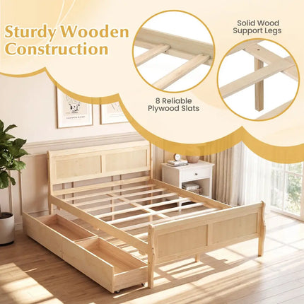 Full Size Bed Frame with 2 Storage Drawers and Footboard for Kids Teens Adults-Natural - Natural - Simple Bed Frame