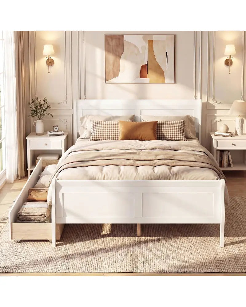Full Size Bed Frame with 2 Storage Drawers and Footboard for Kids Teens Adults-White - White - Simple Bed Frame