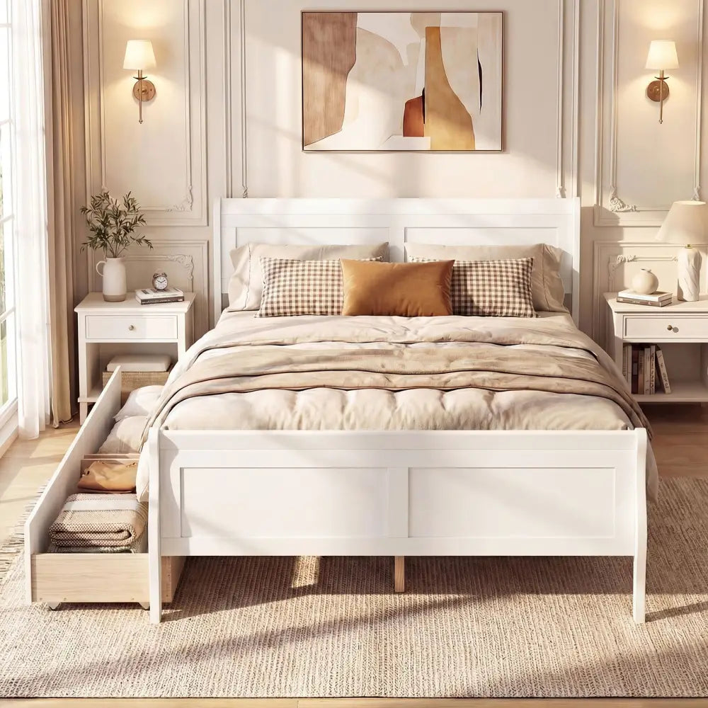 Full Size Bed Frame with 2 Storage Drawers and Footboard for Kids Teens Adults-White - White - Simple Bed Frame