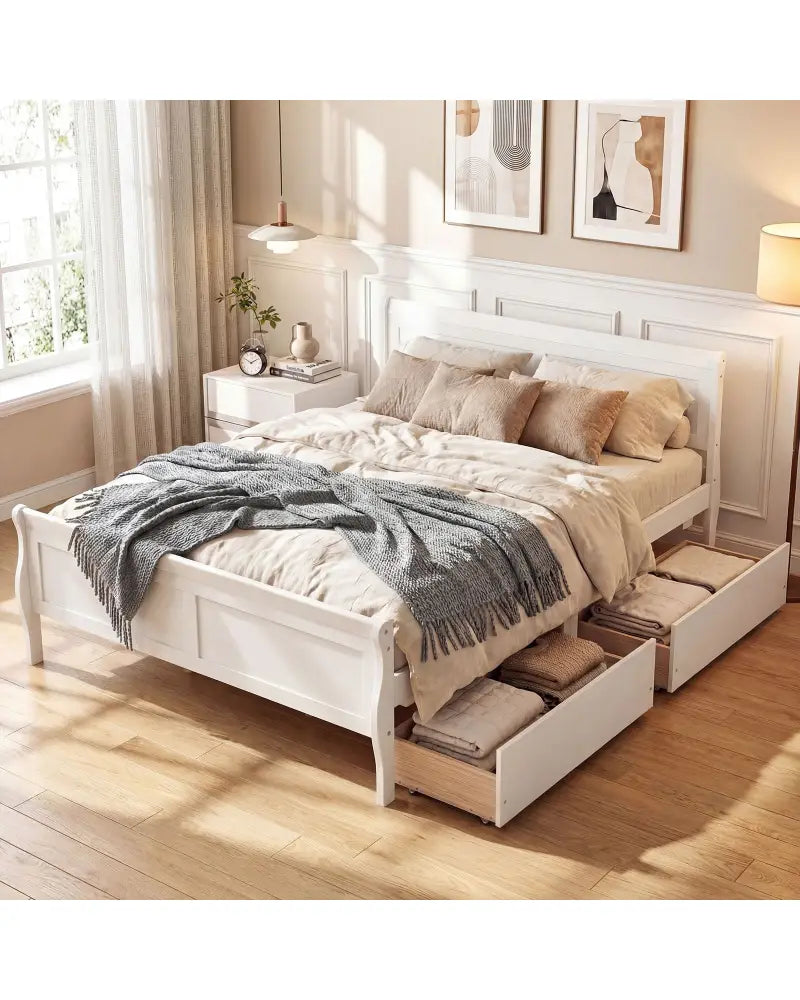 Full Size Bed Frame with 2 Storage Drawers and Footboard for Kids Teens Adults-White - White - Simple Bed Frame