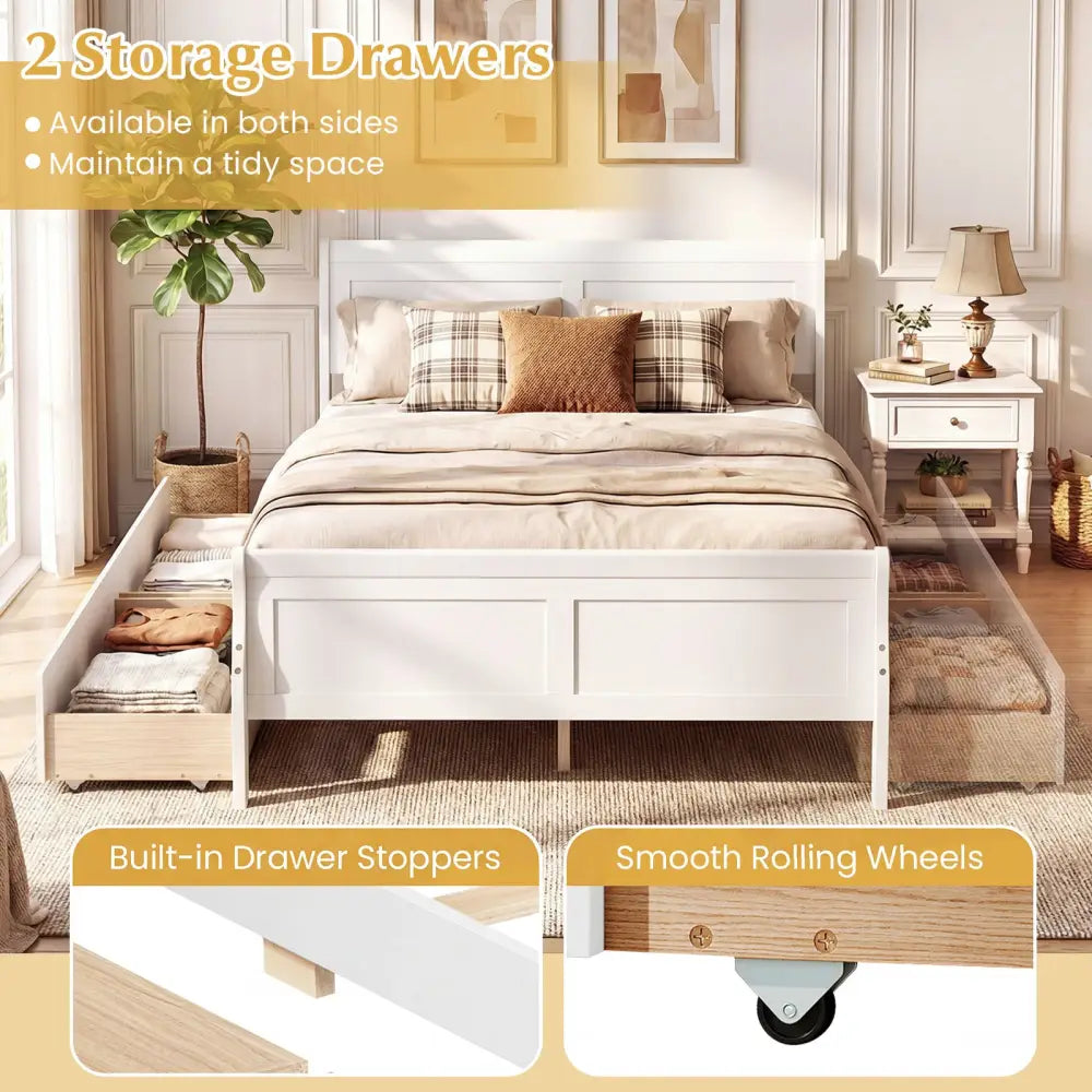 Full Size Bed Frame with 2 Storage Drawers and Footboard for Kids Teens Adults-White - White - Simple Bed Frame
