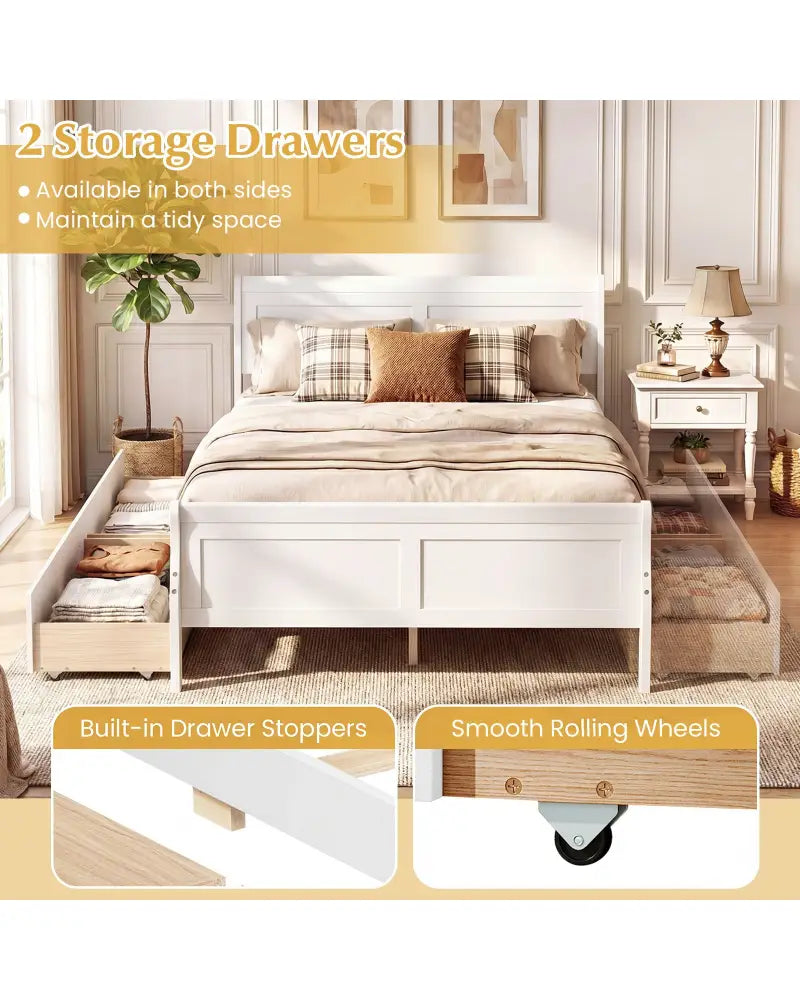 Full Size Bed Frame with 2 Storage Drawers and Footboard for Kids Teens Adults-White - White - Simple Bed Frame