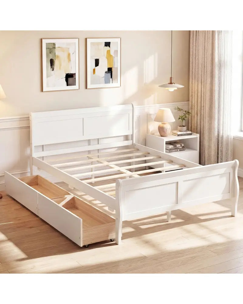 Full Size Bed Frame with 2 Storage Drawers and Footboard for Kids Teens Adults-White - White - Simple Bed Frame