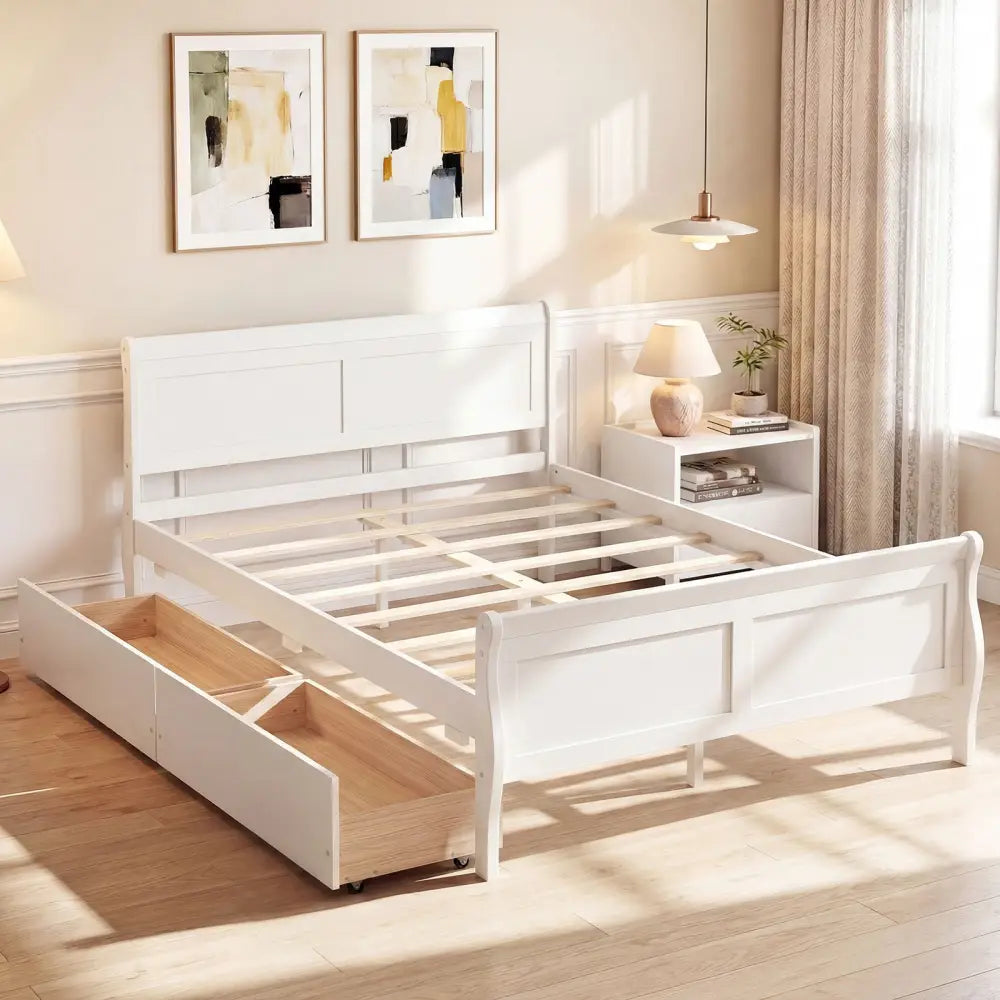 Full Size Bed Frame with 2 Storage Drawers and Footboard for Kids Teens Adults-White - White - Simple Bed Frame