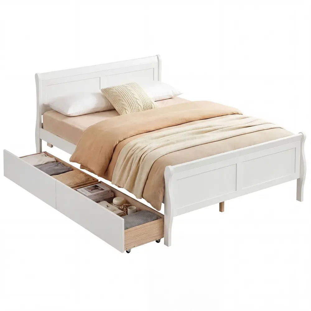 Full Size Bed Frame with 2 Storage Drawers and Footboard for Kids Teens Adults-White - White - Simple Bed Frame