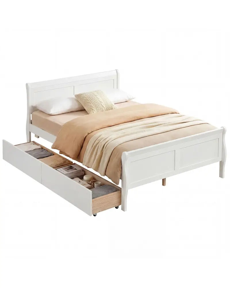 Full Size Bed Frame with 2 Storage Drawers and Footboard for Kids Teens Adults-White - White - Simple Bed Frame