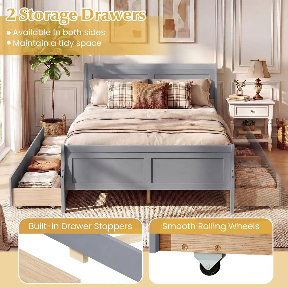 Full Size Bed Frame with 2 Storage Drawers and Footboard for Kids Teens Adults-Gray - Gray - Simple Bed Frame
