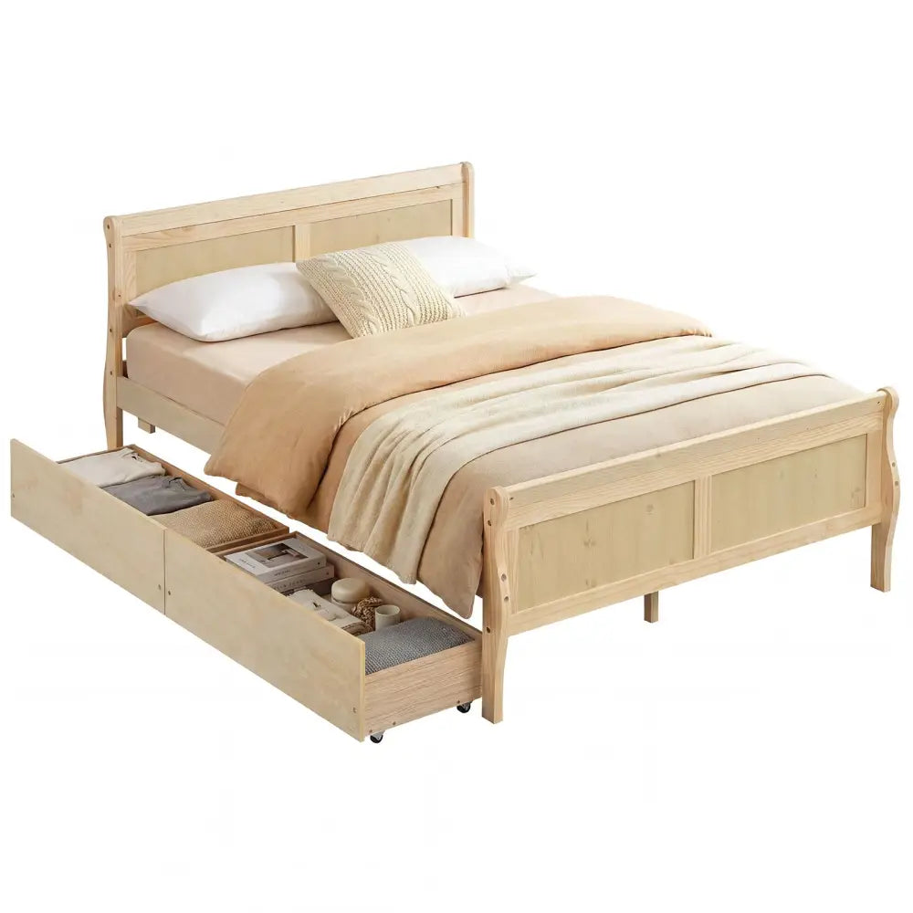Full Size Bed Frame with 2 Storage Drawers and Footboard for Kids Teens Adults-Natural - Natural - Simple Bed Frame