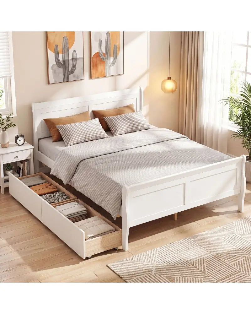 Full Size Bed Frame with 2 Storage Drawers and Footboard for Kids Teens Adults-White - White - Simple Bed Frame