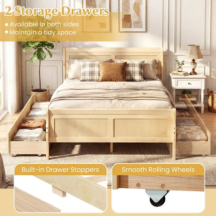 Full Size Bed Frame with 2 Storage Drawers and Footboard for Kids Teens Adults-Natural - Natural - Simple Bed Frame
