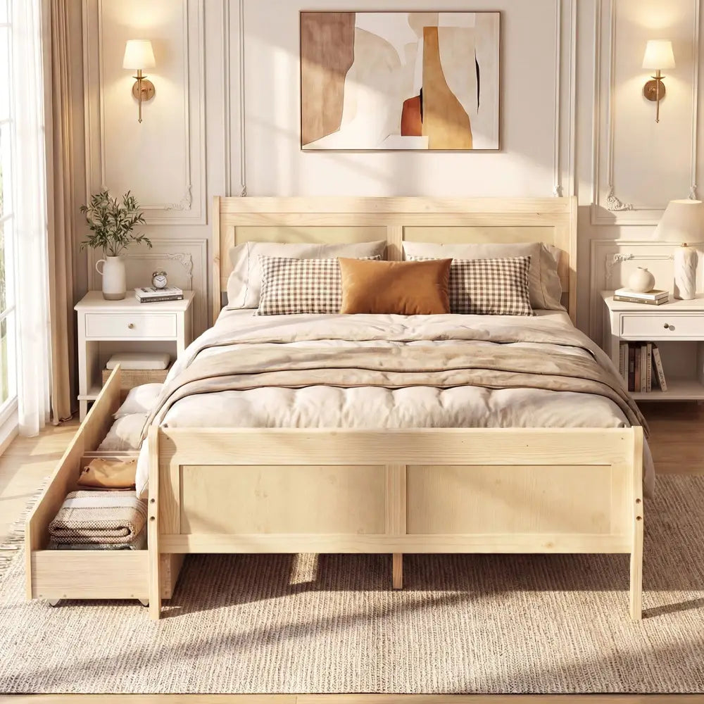 Full Size Bed Frame with 2 Storage Drawers and Footboard for Kids Teens Adults-Natural - Natural - Simple Bed Frame