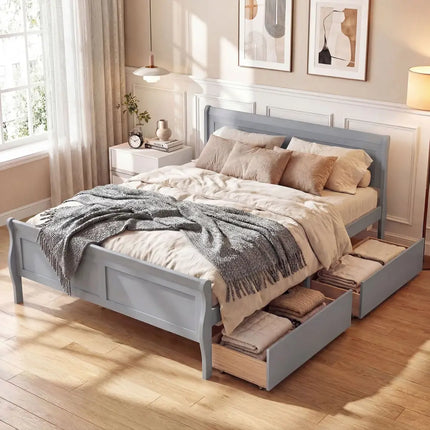 Full Size Bed Frame with 2 Storage Drawers and Footboard for Kids Teens Adults-Gray - Gray - Simple Bed Frame