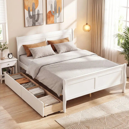 Full Size Bed Frame with 2 Storage Drawers and Footboard for Kids Teens Adults-White - White - Simple Bed Frame