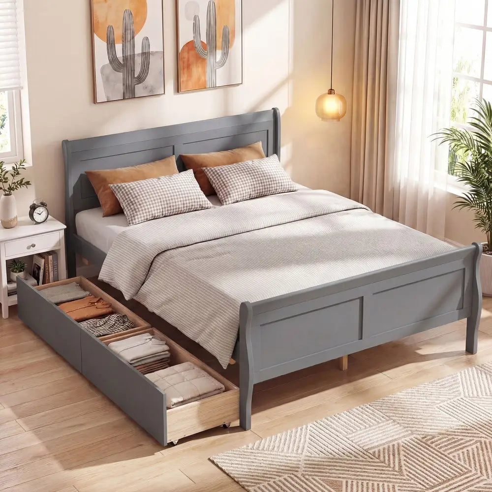 Full Size Bed Frame with 2 Storage Drawers and Footboard for Kids Teens Adults-Gray - Gray - Simple Bed Frame