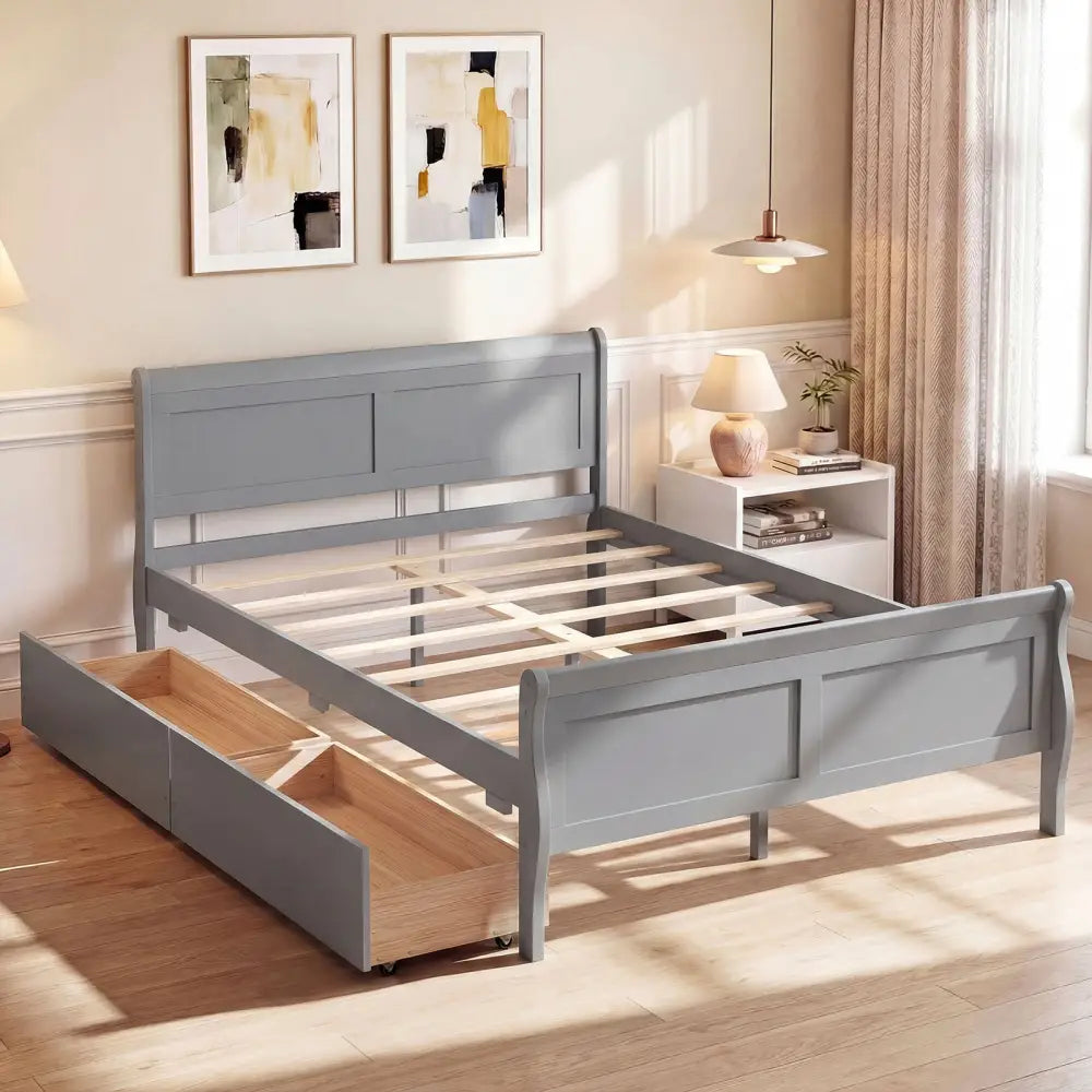 Full Size Bed Frame with 2 Storage Drawers and Footboard for Kids Teens Adults-Gray - Gray - Simple Bed Frame