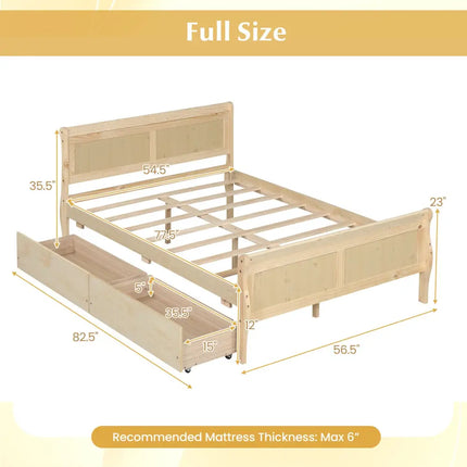 Full Size Bed Frame with 2 Storage Drawers and Footboard for Kids Teens Adults-Natural - Natural - Simple Bed Frame