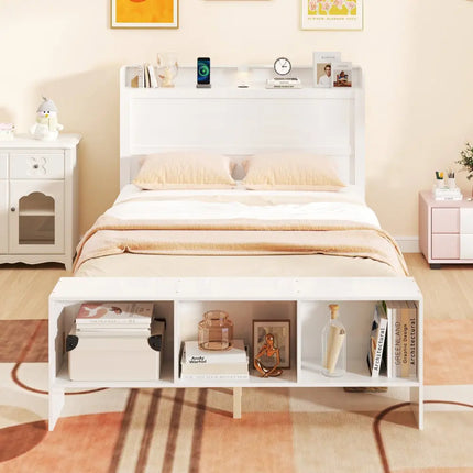 Full Size Bed Frame with 2 USB Ports with Storage Headboard and Lights-Full Size - White - Simple Bed Frame