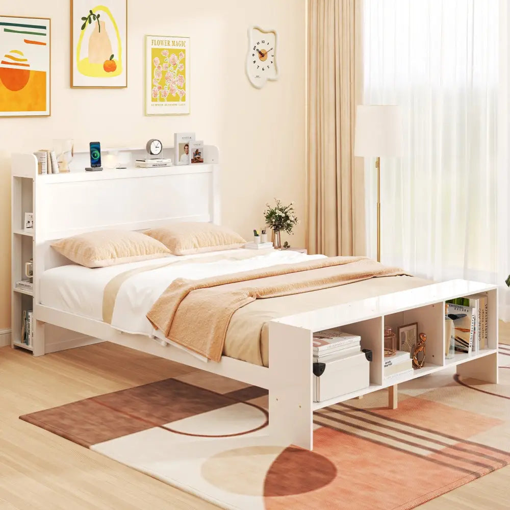 Full Size Bed Frame with 2 USB Ports with Storage Headboard and Lights-Full Size - White - Simple Bed Frame