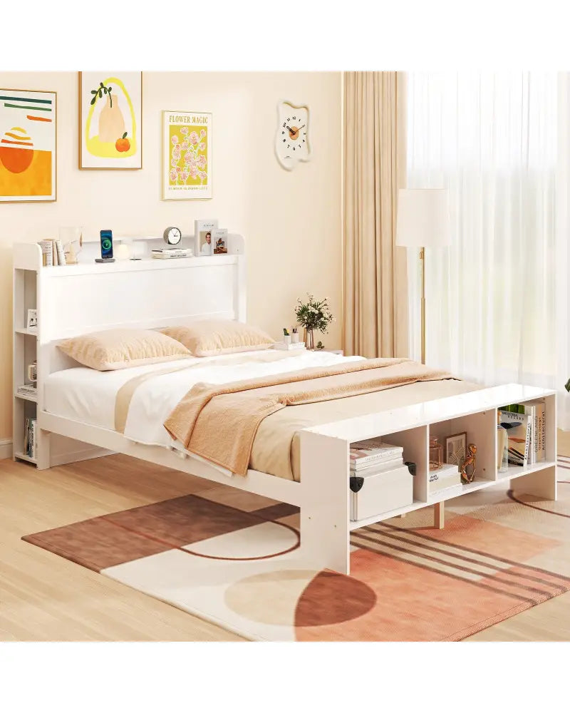 Full Size Bed Frame with 2 USB Ports with Storage Headboard and Lights-Full Size - White - Simple Bed Frame