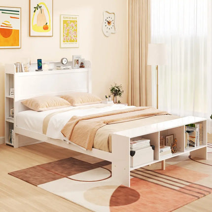 Full Size Bed Frame with 2 USB Ports with Storage Headboard and Lights-Full Size - White - Simple Bed Frame
