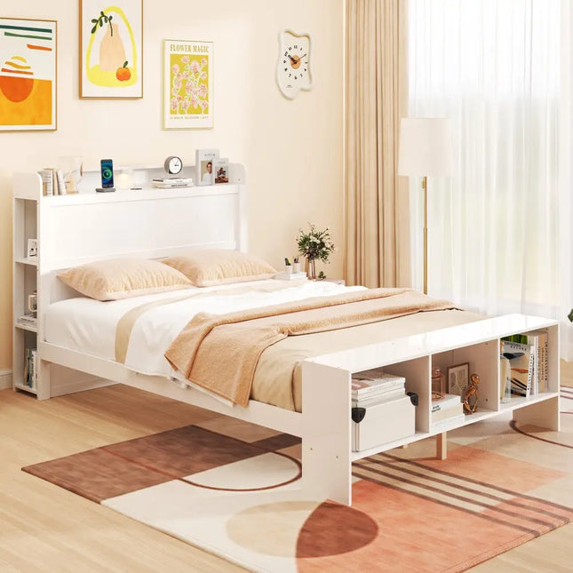 Full Size Bed Frame with 2 USB Ports with Storage Headboard and Lights-Full Size - White - Simple Bed Frame