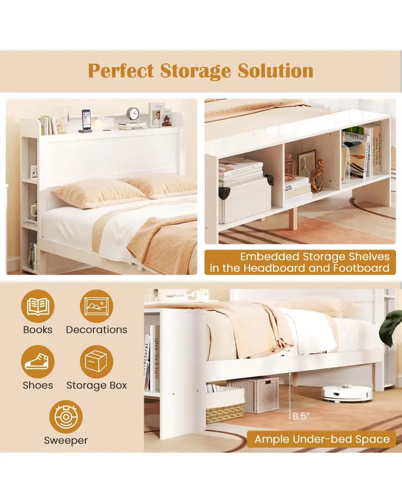 Full Size Bed Frame with 2 USB Ports with Storage Headboard and Lights-Full Size - White - Simple Bed Frame
