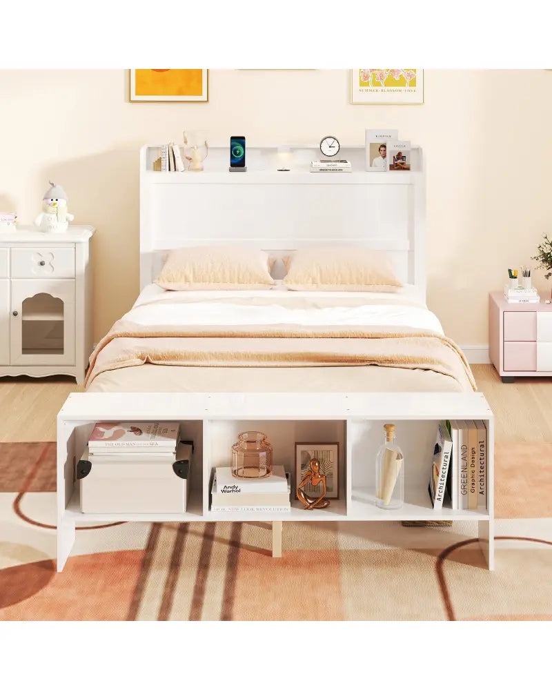 Full Size Bed Frame with 2 USB Ports with Storage Headboard and Lights-Full Size - White - Simple Bed Frame