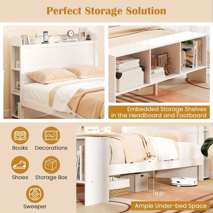 Full Size Bed Frame with 2 USB Ports with Storage Headboard and Lights-Full Size - White - Simple Bed Frame