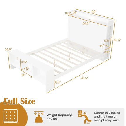 Full Size Bed Frame with 2 USB Ports with Storage Headboard and Lights-Full Size - White - Simple Bed Frame