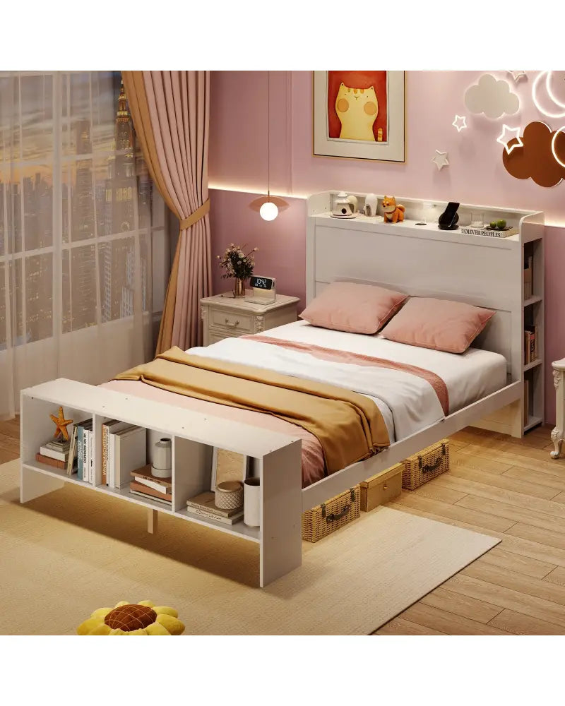 Full Size Bed Frame with 2 USB Ports with Storage Headboard and Lights-Full Size - White - Simple Bed Frame