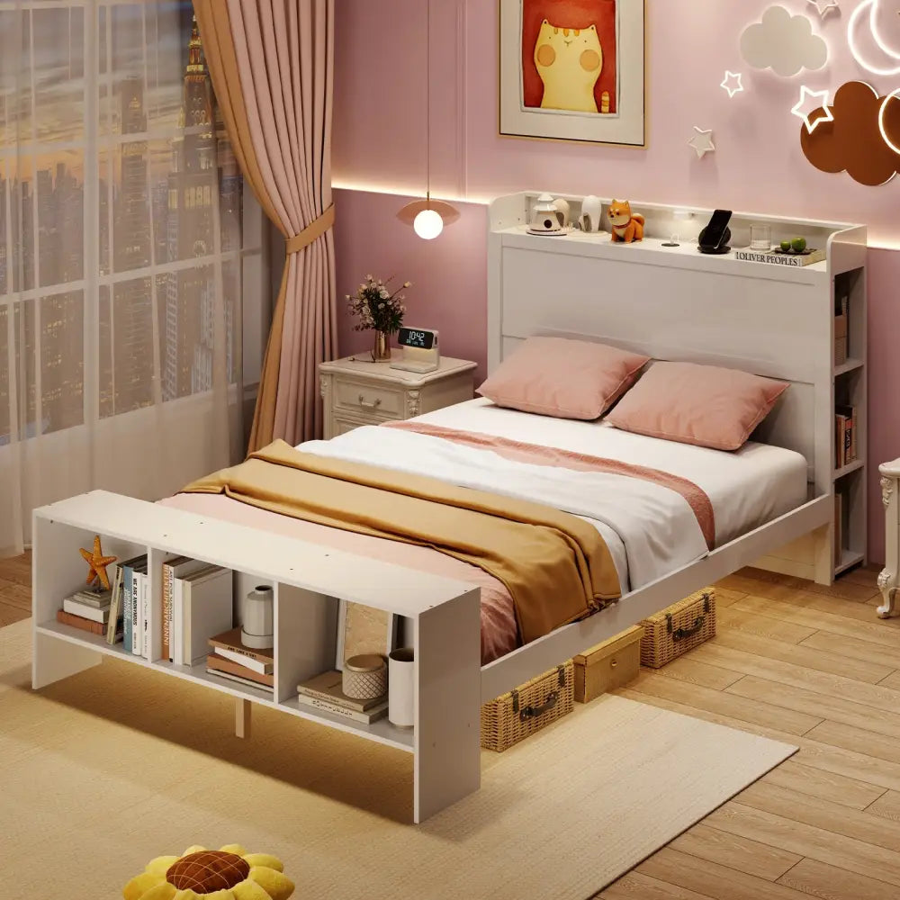 Full Size Bed Frame with 2 USB Ports with Storage Headboard and Lights-Full Size - White - Simple Bed Frame