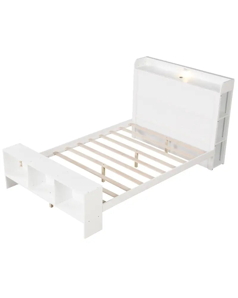 Full Size Bed Frame with 2 USB Ports with Storage Headboard and Lights-Full Size - White - Simple Bed Frame