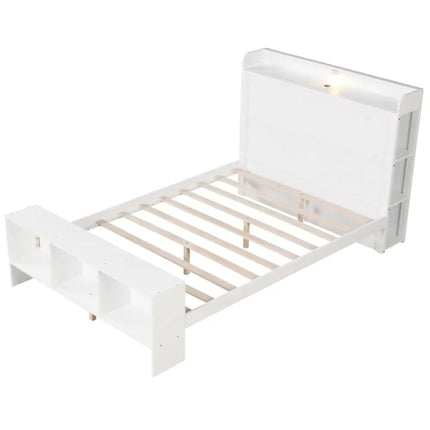 Full Size Bed Frame with 2 USB Ports with Storage Headboard and Lights-Full Size - White - Simple Bed Frame