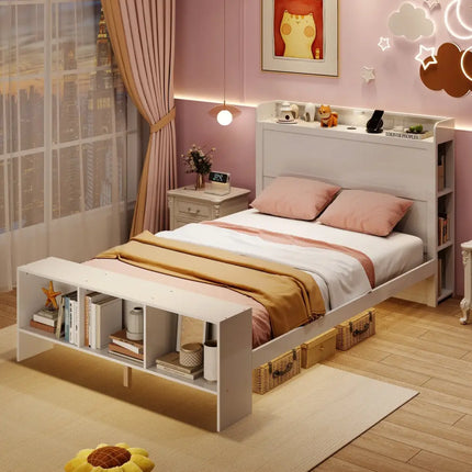 Full Size Bed Frame with 2 USB Ports with Storage Headboard and Lights-Full Size - White - Simple Bed Frame
