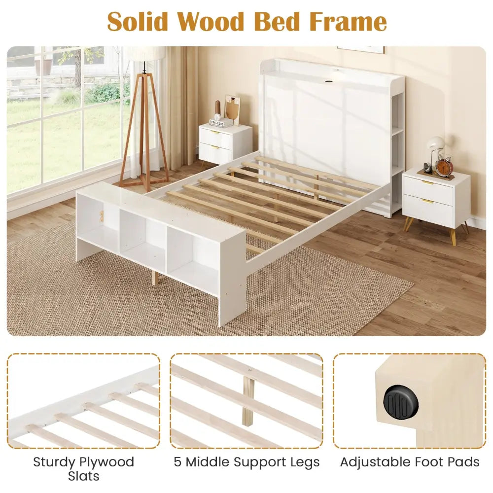 Full Size Bed Frame with 2 USB Ports with Storage Headboard and Lights-Full Size - White - Simple Bed Frame