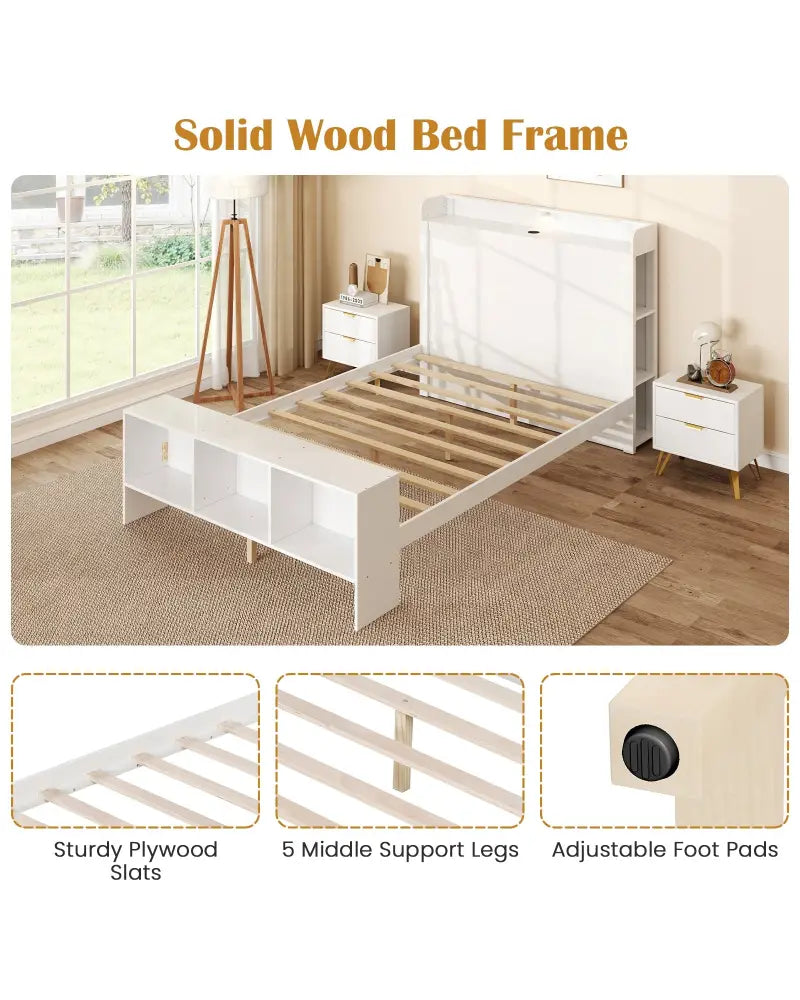 Full Size Bed Frame with 2 USB Ports with Storage Headboard and Lights-Full Size - White - Simple Bed Frame