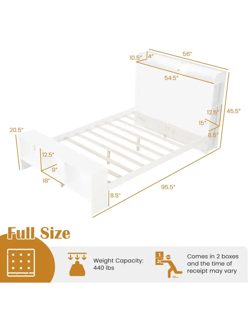 Full Size Bed Frame with 2 USB Ports with Storage Headboard and Lights-Full Size - White - Simple Bed Frame