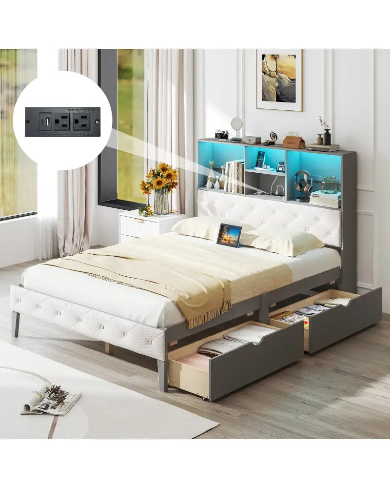Full Size Bed Frame with Bookcase Headboard and LED Lights-Gray - Gray - Simple Bed Frame