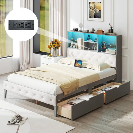Full Size Bed Frame with Bookcase Headboard and LED Lights-Gray - Gray - Simple Bed Frame
