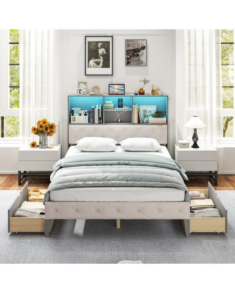 Full Size Bed Frame with Bookcase Headboard and LED Lights-Gray - Gray - Simple Bed Frame