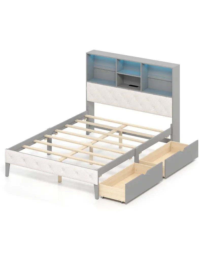 Full Size Bed Frame with Bookcase Headboard and LED Lights-Gray - Gray - Simple Bed Frame
