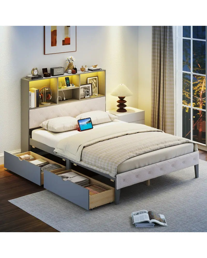 Full Size Bed Frame with Bookcase Headboard and LED Lights-Gray - Gray - Simple Bed Frame
