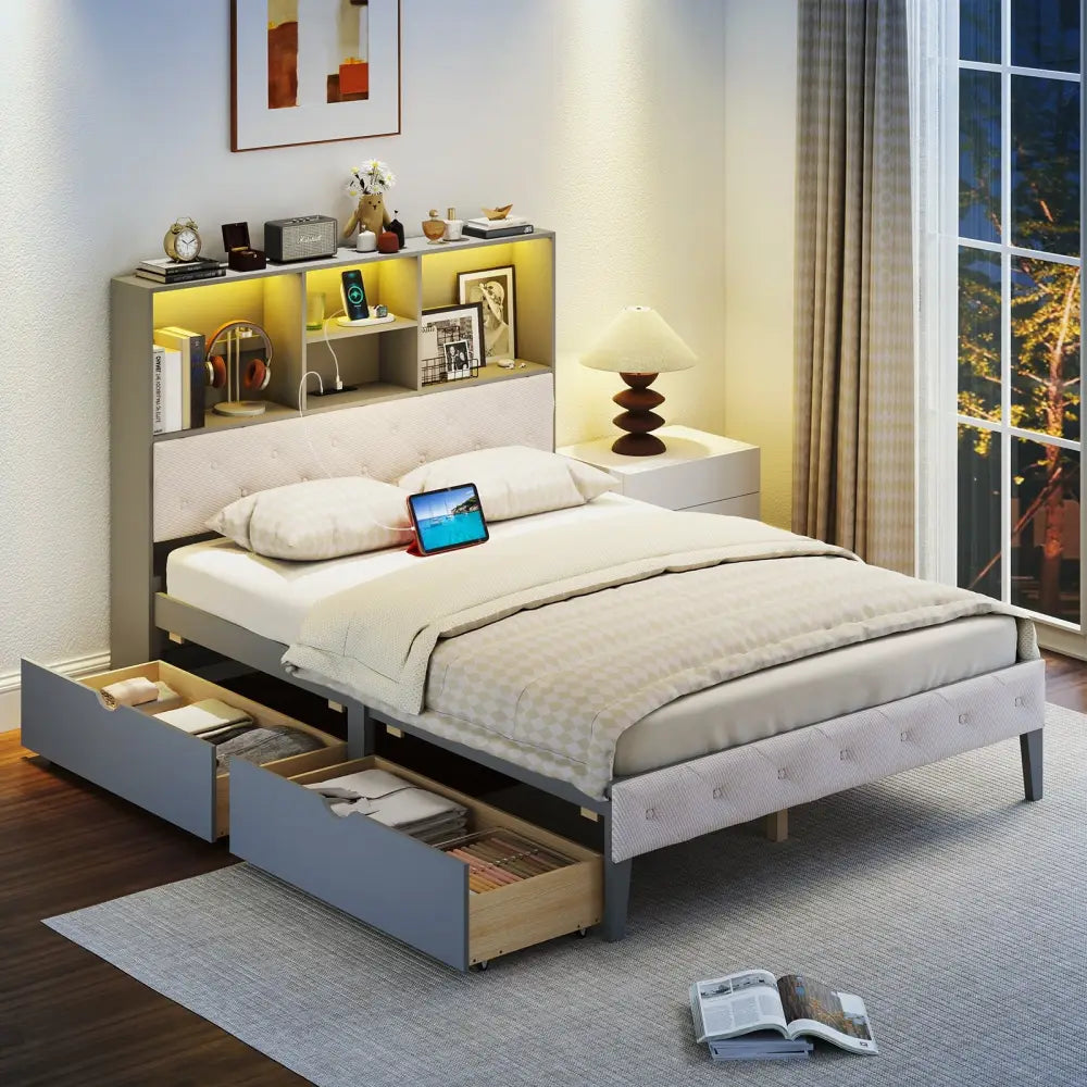 Full Size Bed Frame with Bookcase Headboard and LED Lights-Gray - Gray - Simple Bed Frame