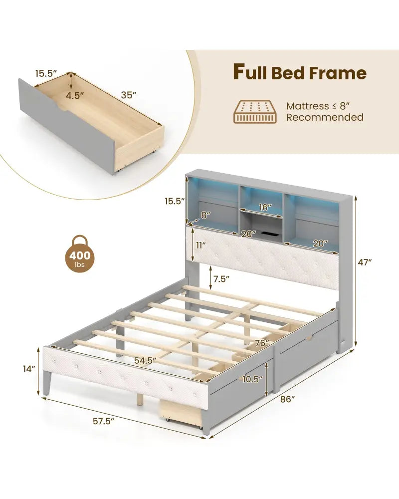 Full Size Bed Frame with Bookcase Headboard and LED Lights-Gray - Gray - Simple Bed Frame