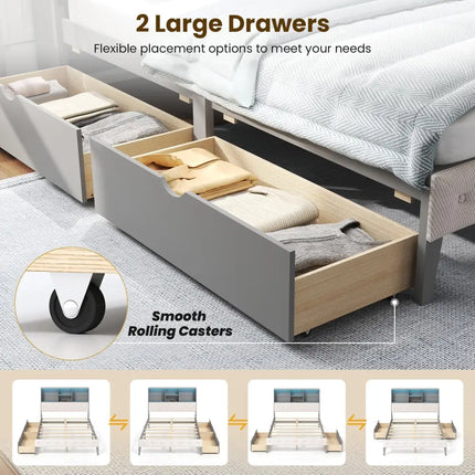 Full Size Bed Frame with Bookcase Headboard and LED Lights-Gray - Gray - Simple Bed Frame